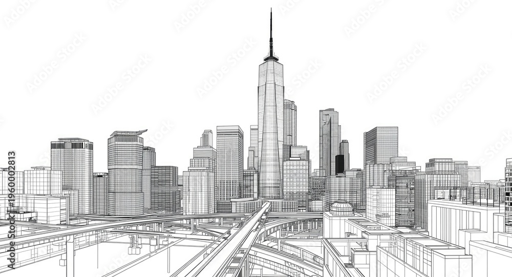 Fototapeta premium Artistic line drawing showcasing modern skyscraper complex within cityscape