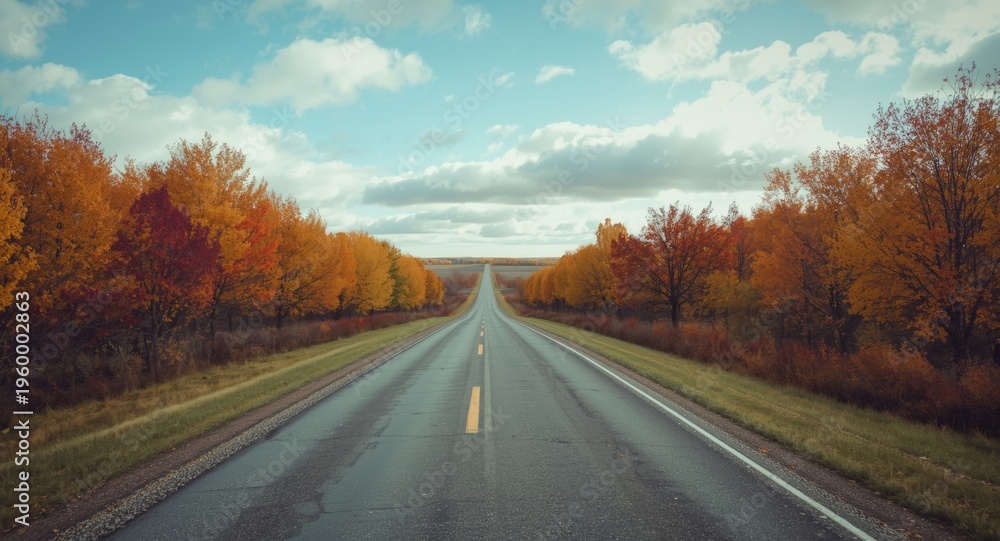 Fototapeta premium Overhead perspective of a calm paved road lined with bright autumn colors providing copy space