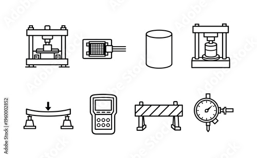 Structural engineering testing: load testing frame, strain gauge sensor, concrete sample cylinder, compression machine, beam deflection setup, data logger, safety barrier