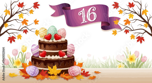 Birthday cake with Easter eggs and autumn leaves, 16th anniversary Vector Illustration