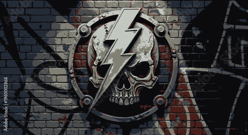 Aggressive Skull with Lightning Bolt and Metallic Frame Design