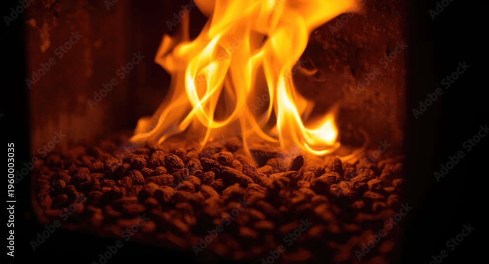 Fototapeta premium Methane pellet combustion inside pellet stove generating warm flames and home energy