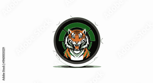 Aggressive Tiger Mascot Design Within a Hockey Puck Circle