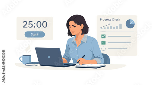 A remote productivity tracking and self-discipline improvement scene showing a focused professional monitoring output beside a simple timer dashboard and a minimal progress check