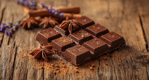 Authentic chocolate flavor highlighted by cinnamon star anise and lavender on wooden rustic backdrop