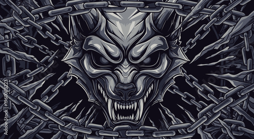 Aggressive Wolf Head Through Chains - Powerful Illustration