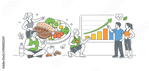 A fitness and wellness scene representing the paleo diet as a source of strength and balanced nutrition, where a coordinated group focuses on healthy eating habits around two main
