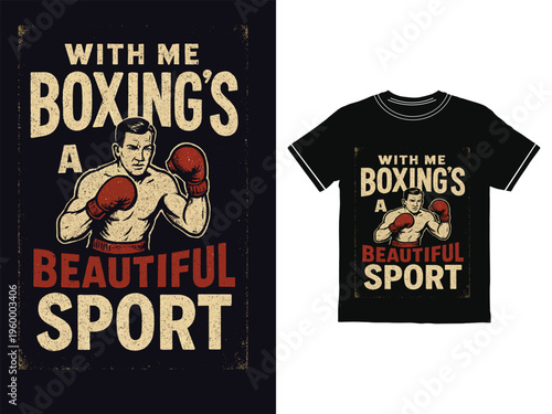 Boxing tshirt design with boxer and sport text on black