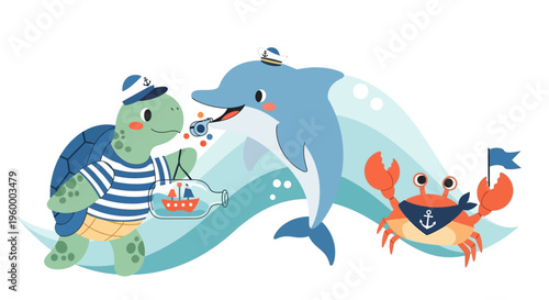 Cartoon Turtle Dolphin Crab Nautical Scene.