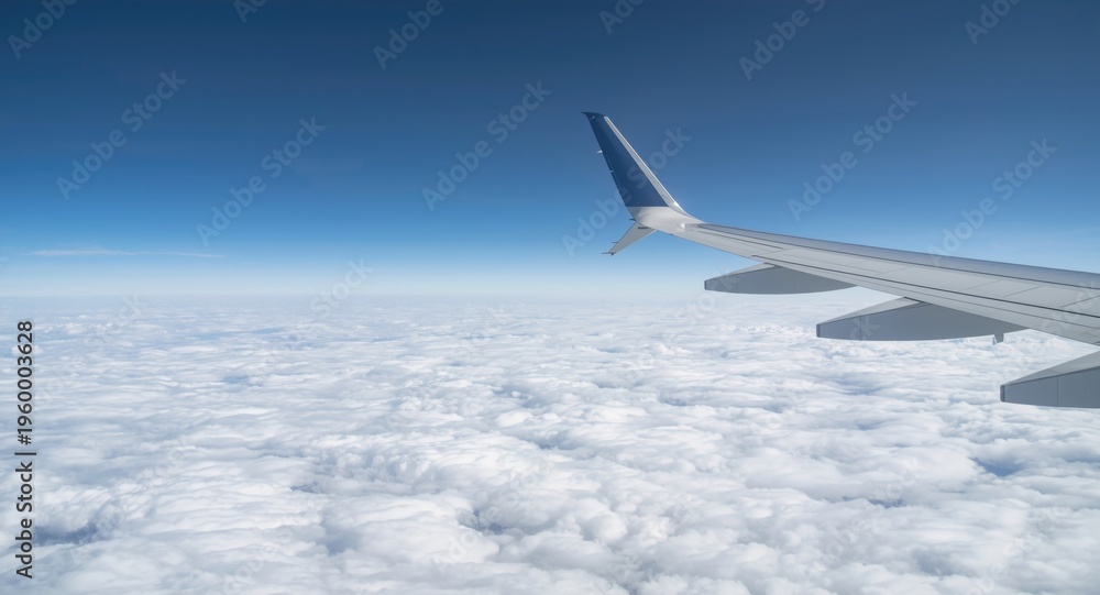 Obraz premium High altitude airplane wing flight amid a peaceful white cloudscape
