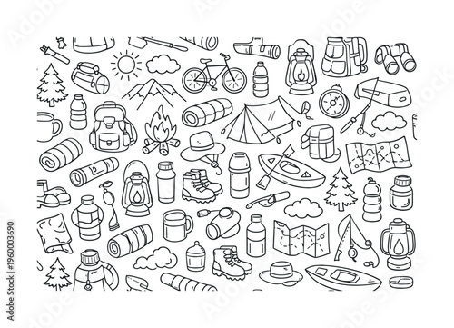 Simple outdoor recreation doodle pattern with tent, backpack, sleeping bag, campfire, flashlight, lantern, compass, map, water bottle, thermos, hat, boots, tree, mountain, sun