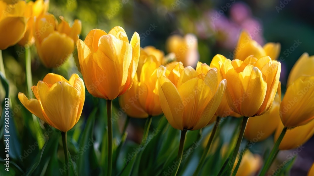 Obraz premium Yellow tulips in bloom under soft sunlight in garden