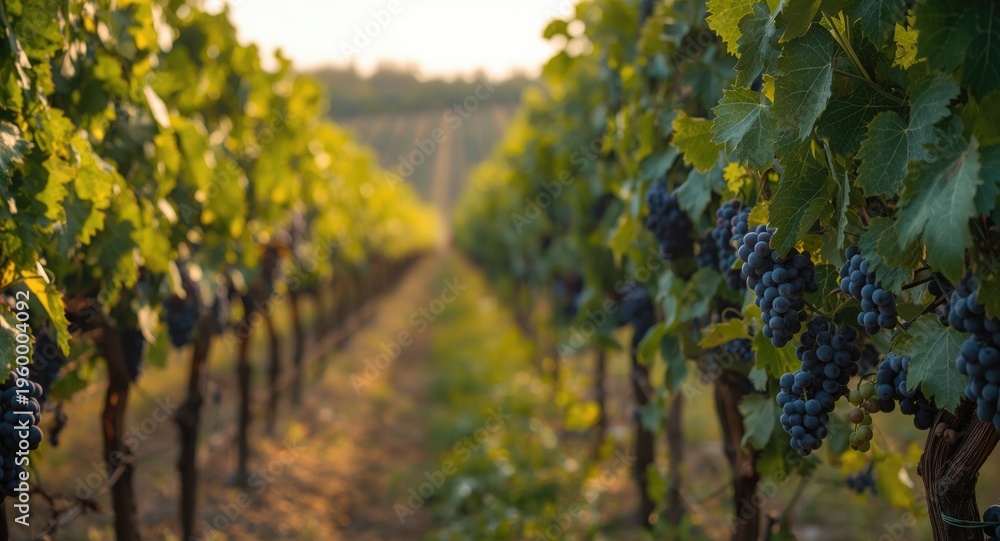 Obraz premium Late day vineyard view showing abundant ripe grapes on vines