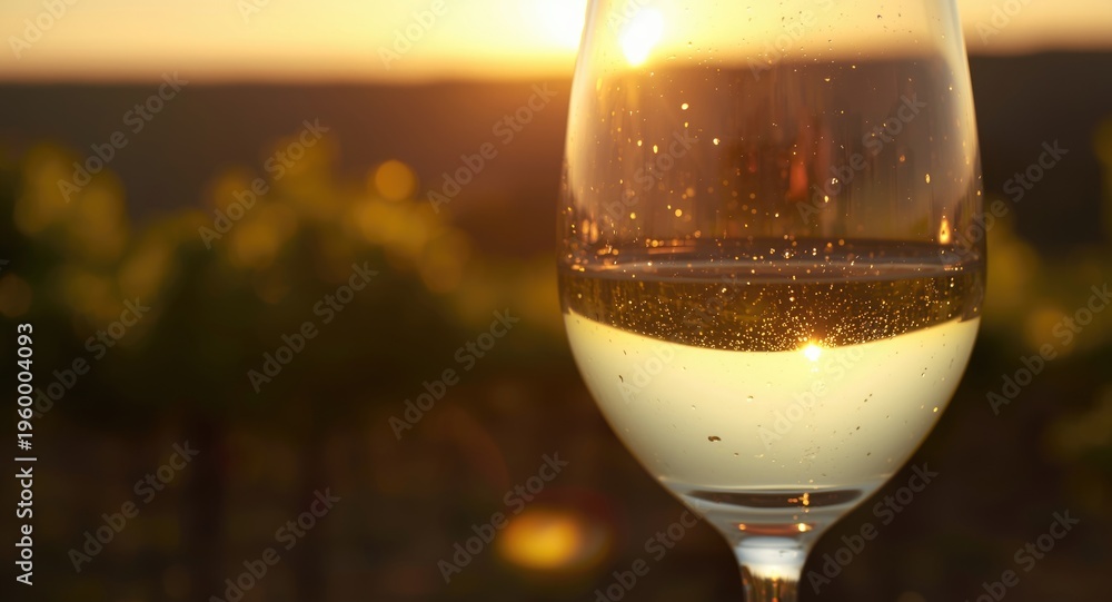 Naklejka premium Macro close up photograph of a white wine glass and vineyard glowing at golden hour