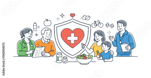 A healthcare and preventive care awareness scene showing medical staff and patients discussing healthy habits together around a large shield with a heart symbol and a simple cross