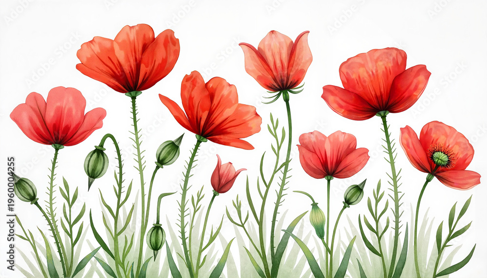 Obraz premium Watercolor poppy flowers blooming against a white background 
