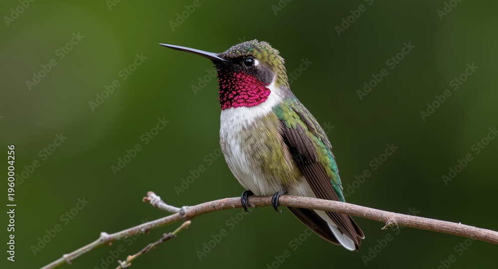 Obraz premium Glorious fiery throated hummingbird perched on a branch with sparkling feathers