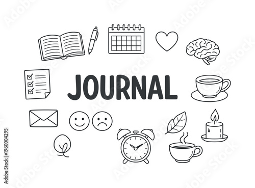 Daily journaling and self-reflection concept centered on writing thoughts, tracking emotions, and improving mental clarity through consistent personal expression. JOURNAL title