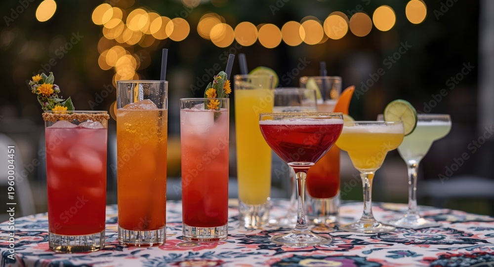Fototapeta premium Selection of vivid cocktails on a decorated table at an outdoor event with soft glowing bokeh and festive spirit