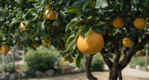 Fruit heavy grapefruit tree adding charm to peaceful garden