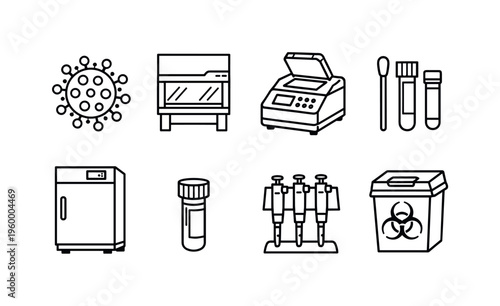 Virology laboratory research: virus particle, biosafety cabinet, PCR machine, sample swab, test tube vial, lab freezer, pipette set, hazard container