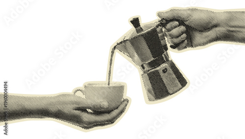 Hand Pouring Coffee from Moka Pot into Cup Vintage Halftone Illustration