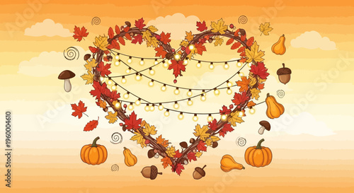Heart-Shaped Autumn Leaves Garland with String Lights and Fall Elements Vector Illustration