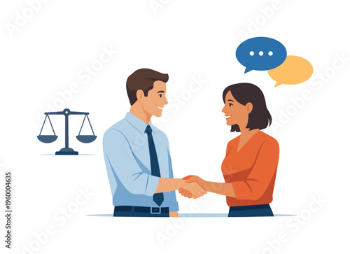 A workplace conflict resolution and constructive dialogue scene showing two colleagues reaching understanding beside a simple balance scale symbol and a minimal speech exchange