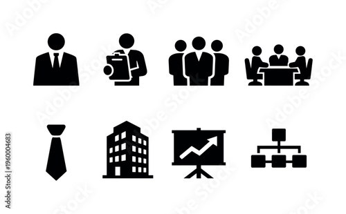 Corporate roles and leadership: CEO figure, supervisor with clipboard, employee group, meeting table, presentation board, tie, office building, hierarchy tree diagram