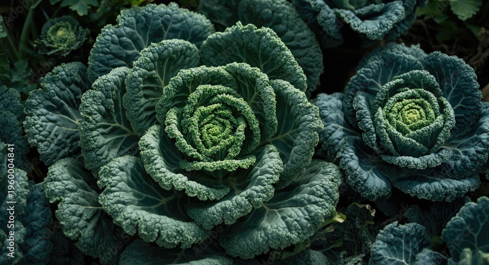 Fototapeta premium Outdoor vegetable plot cultivation of curly kale along with varied kale species