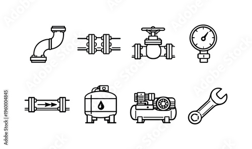 Industrial pipe system: curved pipes, flange connection, control valve, pressure meter, fluid flow, oil tank, compressor unit, maintenance wrench