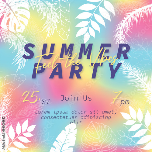 Summer Party Flyer with Tropical Leaves and Colorful Gradient Background