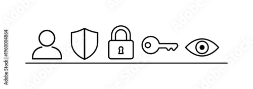 Digital identity protection and account safety for preventing unauthorized access and maintaining secure user presence online, user profile icon, shield, padlock, key, and eye