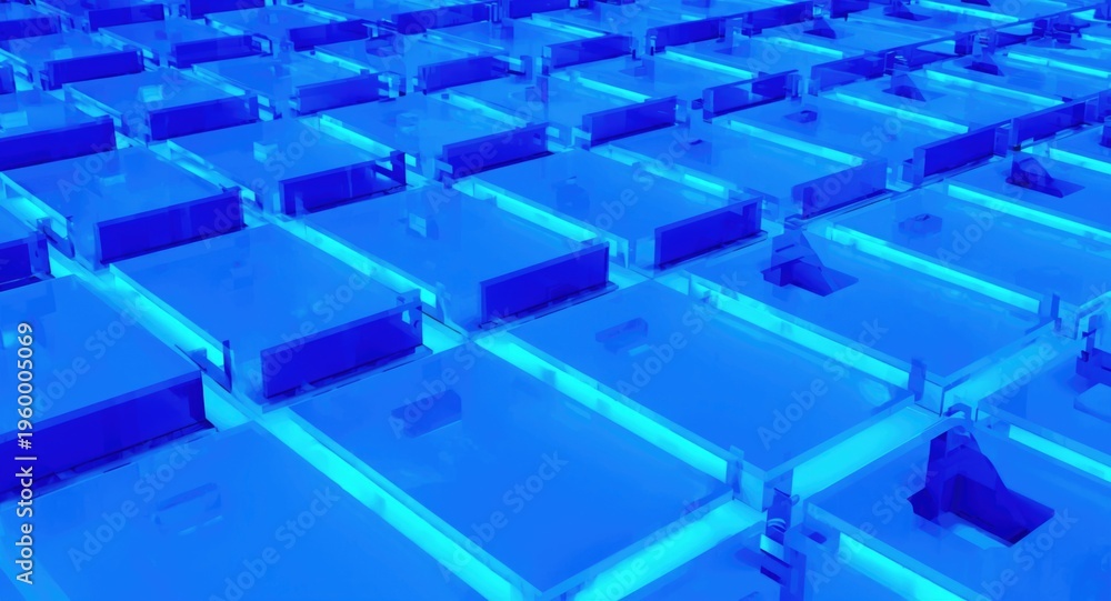 Fototapeta premium Futuristic geometric pattern with electric blue rectangles layered on an azure surface