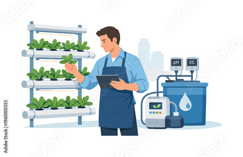 Urban farming concept illustrating a professional cultivating plants without soil using hydroponic techniques in a compact modern space, with a character monitoring a clean plant