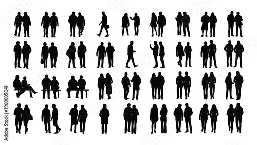 A collection of 40 black silhouettes of people in various poses