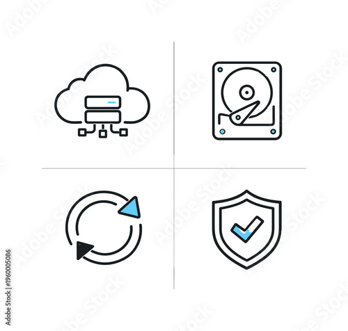 Data backup and secure storage in a digital system focused on protection, redundancy, and reliable access to information, a cloud representing storage, a hard drive symbolizing