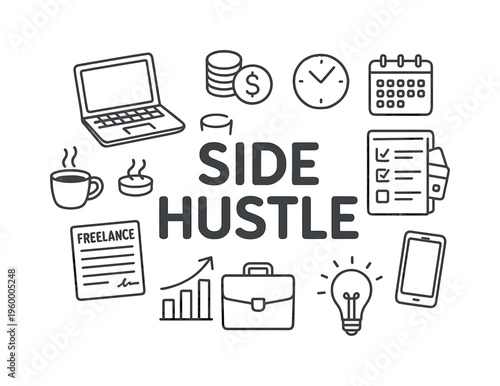 Side hustle and extra income generation concept focused on earning money outside a primary job, managing small projects, and building additional revenue streams in free time