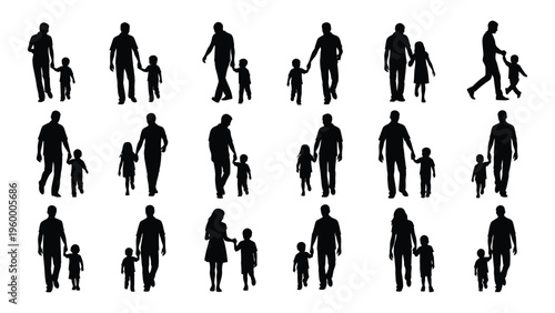 A collection of black silhouettes of adults and children in various poses