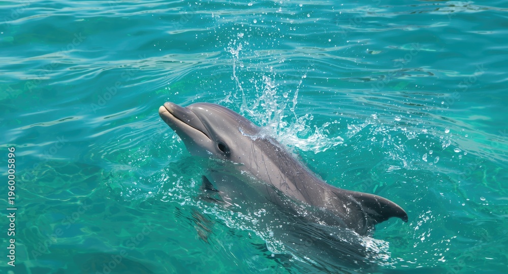 Naklejka premium Playful bottlenose dolphin splashing in clear ocean waters