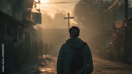 A man turning away from questioning figures after denial, distant sacred figure barely acknowledged, open-air setting with layered depth, soft morning haze lighting, wide shot with a 24mm lens, spirit