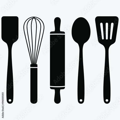 Shape Clipart: Black Solid Silhouettes of Whisk, Rolling Pin, Spoon and Spatula Utensils Kitchen Theme