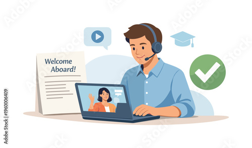 A remote onboarding and digital orientation concept featuring a new employee engaging through a laptop beside a simple welcome document and a checkmark element, representing