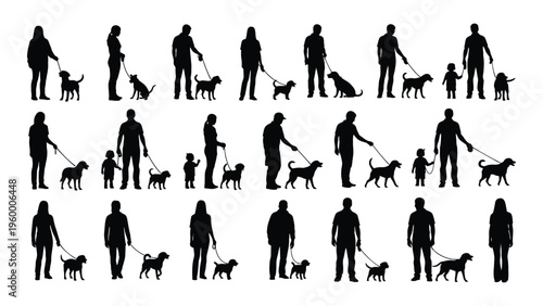 People walking their dogs in various positions