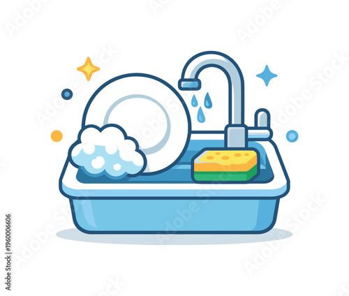 Washing dishes after a meal as part of regular household routine focused on cleanliness and maintaining order in the kitchen environment, a sink with a plate and a sponge