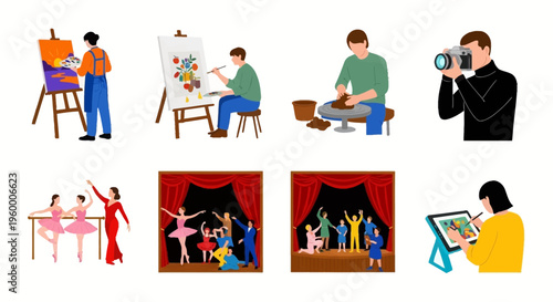 People enjoying creative hobbies and artistic pursuits together Vector Art