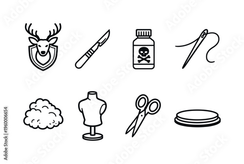 Taxidermy workshop tools: animal mount, scalpel knife, preserving chemicals bottle, sewing needle, stuffing material, form mannequin, scissors, display base