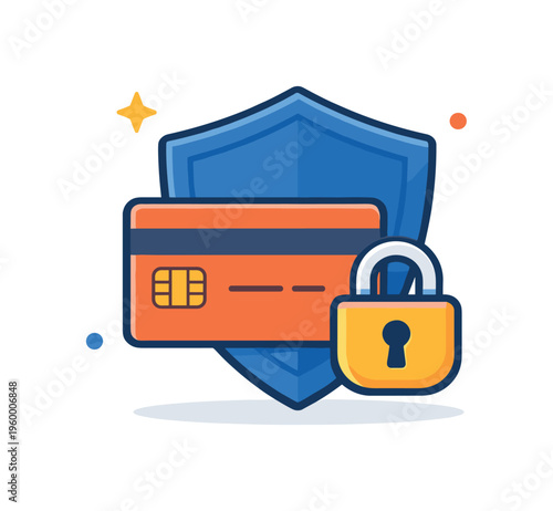 Secure online transactions and payment protection focused on building trust and preventing fraud in digital commerce, a shield combined with a credit card and a small lock forming