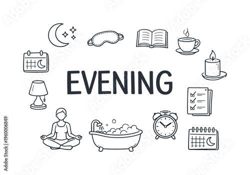 Personal evening routine and wind-down habit concept centered on relaxation, reducing stress, and preparing for restful sleep through calming activities. EVENING title with