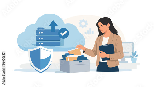 A data backup and business continuity planning scene showing a careful professional securing information beside a large cloud storage icon and a simple shield element, symbolizing